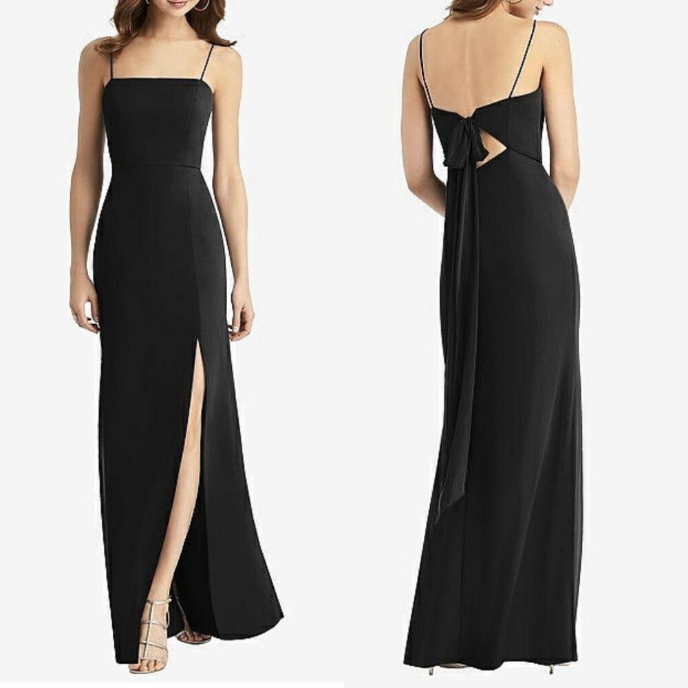 Dessy Collection Square Neck Chiffon Dress Size 2 Black Tie Back Bow Side Slit